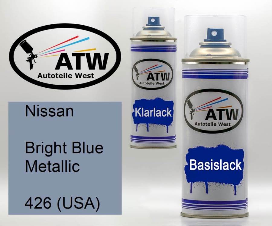Nissan, Bright Blue Metallic, 426 (USA): 400ml Sprühdose + 400ml Klarlack - Set, von ATW Autoteile West.